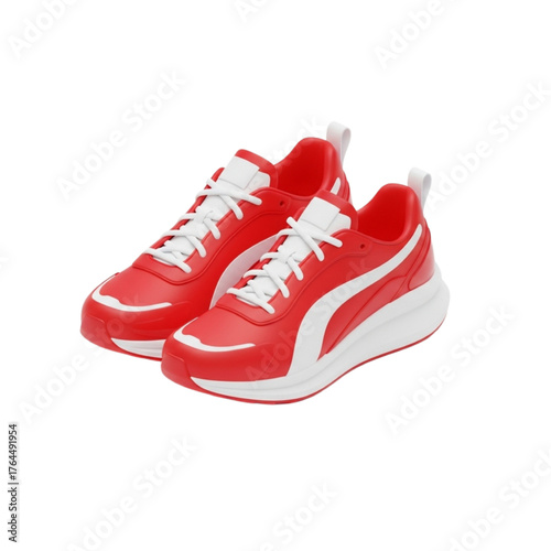A dynamic 3D render of a pair of modern red and white athletic running shoes, showcasing a sleek design for fitness and style on a clean isolated background