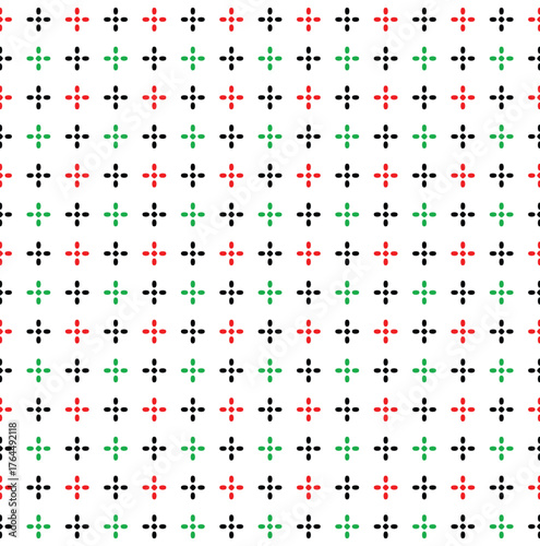 Seamless Geometric Shining Star Pattern, Shiny Star Red Green And Black On White Background, Christmas Theme