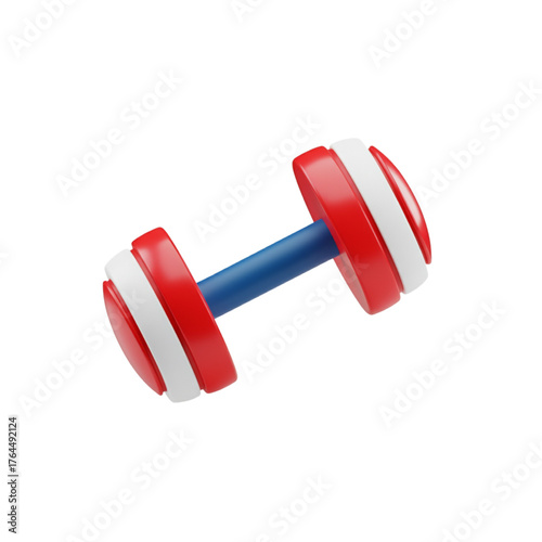A 3D rendering of a dumbbell with a patriotic design featuring red, white, and blue colors, perfect for fitness, exercise, and patriotic themes
