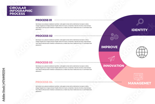 Modern circular process infographic complete with easy to edit vector icons for business information presentations.