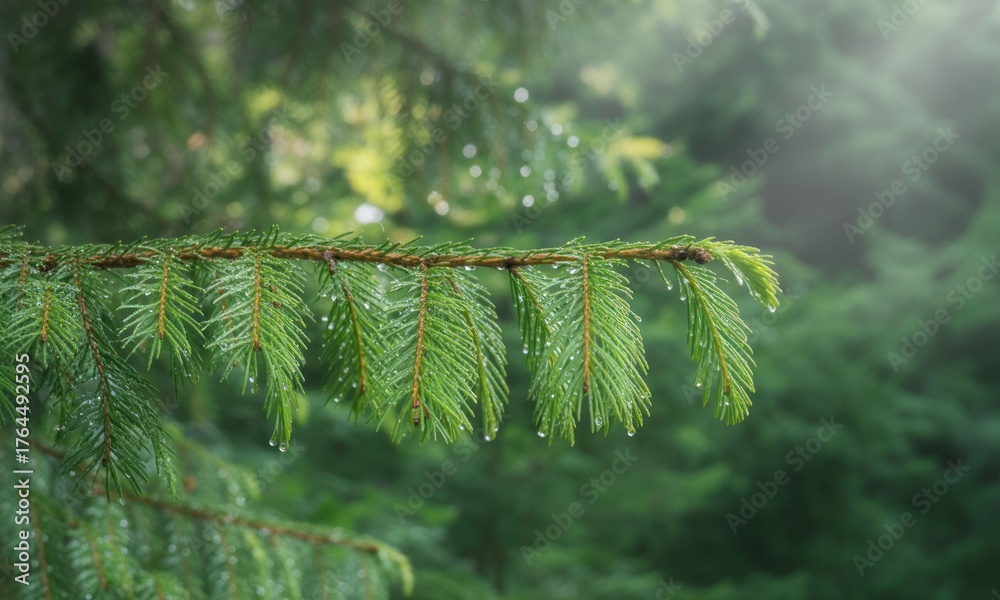 Obraz premium Close-up of wet fir branch in forest