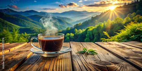 Rustic Wooden Tabletop with Coffee and Clear Glass Panoramic