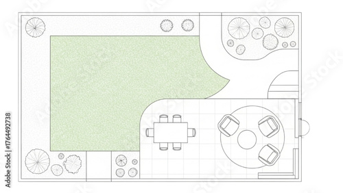 Minimal Black Line 2D Layout of Garden Areas, Pathways, and Outdoor Furniture in Architectural Top View, Landscape Design Plan