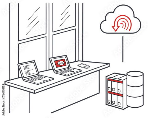 Illustration of a data backup and recovery system with laptops, cloud storage, and server racks, emphasizing data protection and business continuity