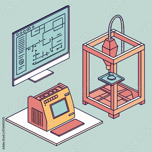 Illustration of a 3d printer, computer, and control panel, showcasing the technology and design process involved in additive manufacturing and rapid prototyping