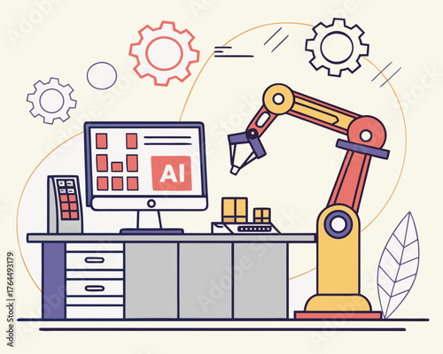 Illustration of a modern factory setup with a robotic arm assembling products under the guidance of an aipowered computer system, showcasing automation and technological advancement in manufacturing