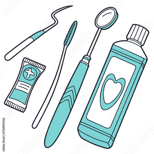 Vector art of a delightful illustration showcasing an array of essential dental hygiene tools, including a toothbrush, toothpaste, mouthwash, dental mirror, and pick, all neatly arranged on an