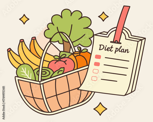 Vector art of a delightful illustration showcases a basket overflowing with fresh fruits and vegetables, accompanied by a diet plan, , promoting healthy eating and lifestyle choices