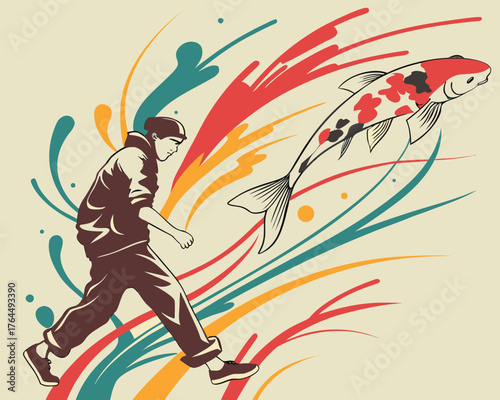 Vector art of a dynamic illustration showcases a stylized figure in motion alongside a koi fish, set against a backdrop of vibrant, colorful splashes, creating a lively and energetic scene