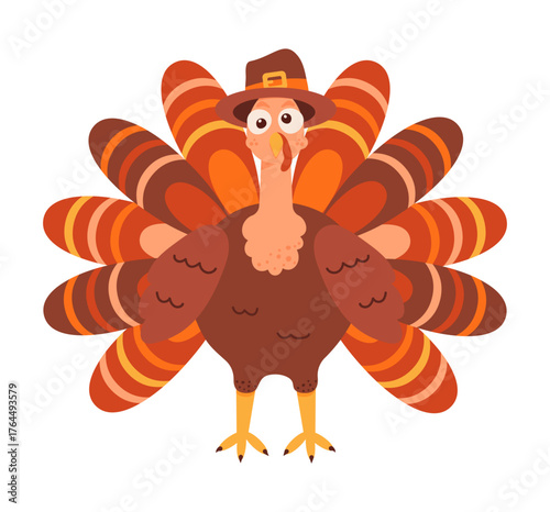 Turkey character isolated on white background. Cute and funny happy thanksgiving day bird. Vector illustration for poster card sale web banner cover.