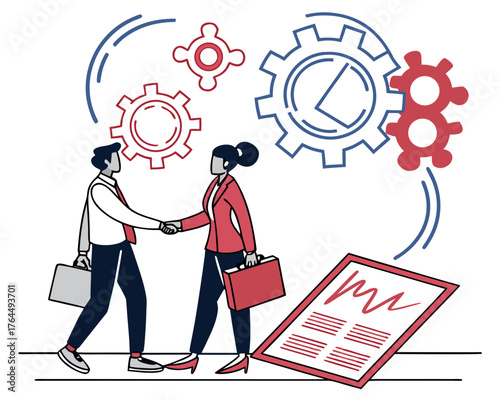 Vector art of business partners shaking hands amidst gears, symbolizing collaboration, agreement, and strategic alliance for mutual success