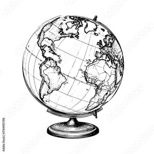 School globe, black and white sketch. Vector illustration. Educational supplies for a geography lesson, isolated on a white background.