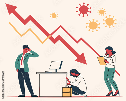 Vector art of illustration depicting economic downturn with falling arrows, stressed people, and virus symbols, symbolizing financial crisis and market decline