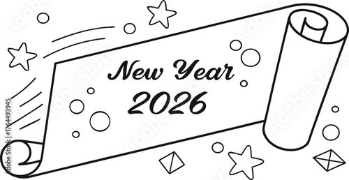 Celebrate the exciting arrival of New Year 2026 with a festive scroll, stars, and confetti, sparking joy and anticipation for the future