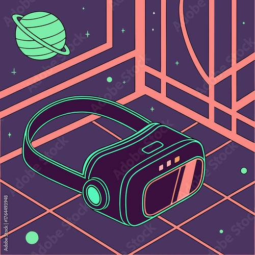 Vector art of immersive virtual reality experience with futuristic space theme, showcasing vr headset in a digital environment with planets, stars, and grid patterns