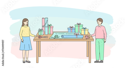 Man and Woman Wrapping Holiday Presents Together at a Table.