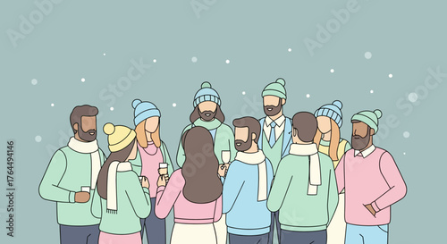 Diverse group of people wearing winter hats and scarves enjoying a snowy day together.
