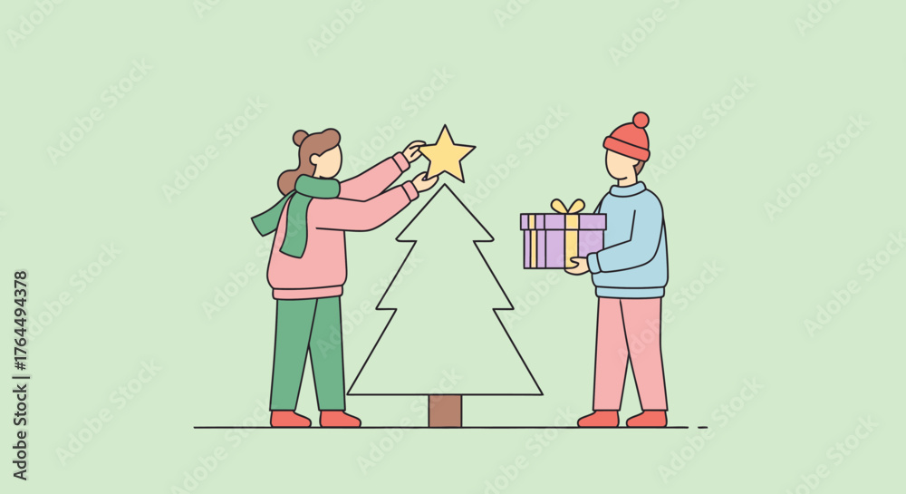 Fototapeta premium People Decorating Christmas Tree with Star and Gift.