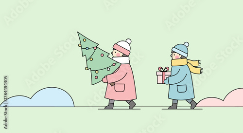 Children carrying Christmas tree and gift box walking together in winter.