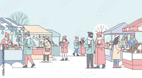 People enjoying a winter market scene with various stalls and activities.