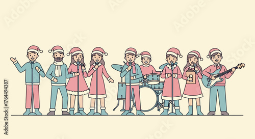 A cheerful group of diverse people dressed in festive Christmas attire singing and playing musical instruments together in a band.