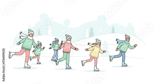 Group of diverse people enjoying ice skating outdoors in winter.
