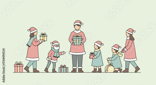 An adult and several children in Santa hats joyfully exchanging Christmas gifts.