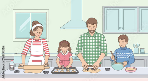 Family baking together in the kitchen making cookies and having fun.