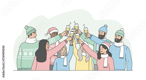Group of friends toasting champagne glasses during celebration.