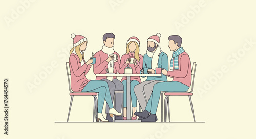 Friends gathering together at a table enjoying warm drinks during winter.