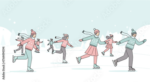 People enjoying ice skating outdoors on a winter day.