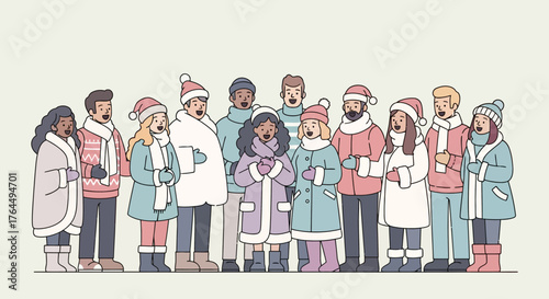 A Diverse Group of People Singing Christmas Carols Together Outdoors.
