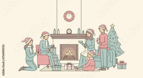 Family Opening Christmas Presents by the Fireplace.