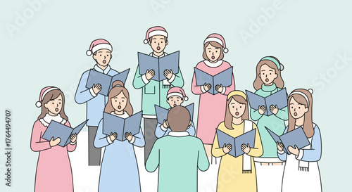 Diverse group of people singing Christmas carols together in a choir.