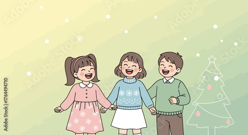 Group of three cheerful cartoon children laughing together.