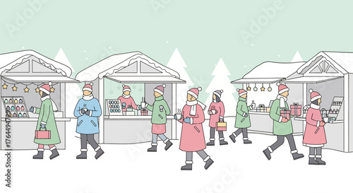 People enjoying a festive outdoor Christmas market scene.