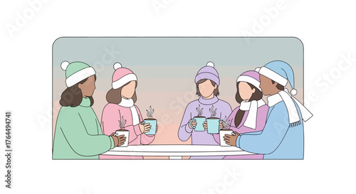 Friends enjoying warm drinks together in winter season wearing hats and scarves.