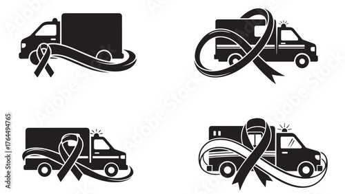 Ambulance pictogram with ribbon decal, emergency care silhouette for fast response, hospital transport, and lung cancer screening support