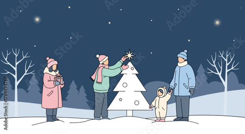 Family decorates Christmas tree outdoors under starry night sky.
