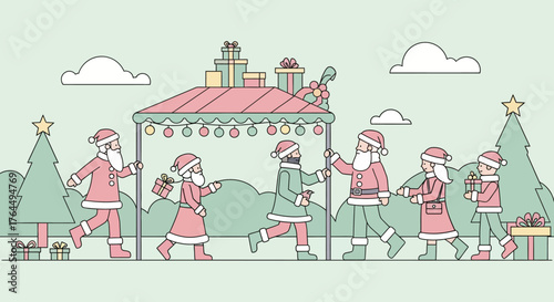 Santa Claus and helpers preparing for Christmas celebration with gifts.