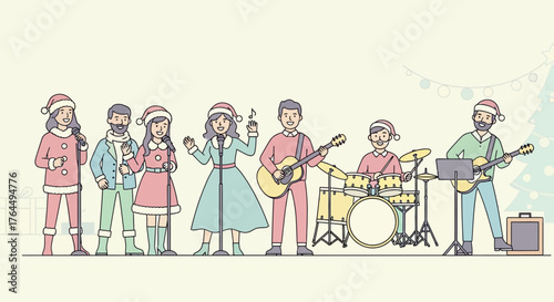 Christmas band performing holiday music with festive attire and instruments.