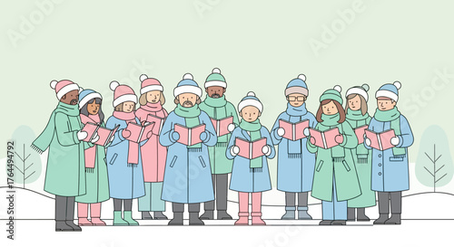 Diverse Group of Children Caroling in Winter Attire.