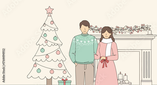 Couple wearing festive sweaters standing near a Christmas tree.