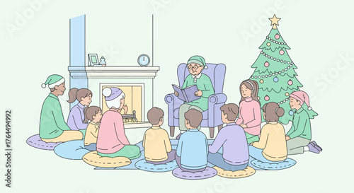 Grandmother Reading to Children by Fireplace at Christmas.