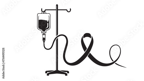 Iv drip stand with tube forming a ribbon, minimal black treatment journey icon for oncology care, hospital wards, and screening programs