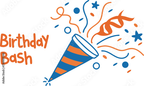 Joyful Birthday Bash celebration with confetti explosion from party popper, vibrant festive design for invitations, decorations, and cards.