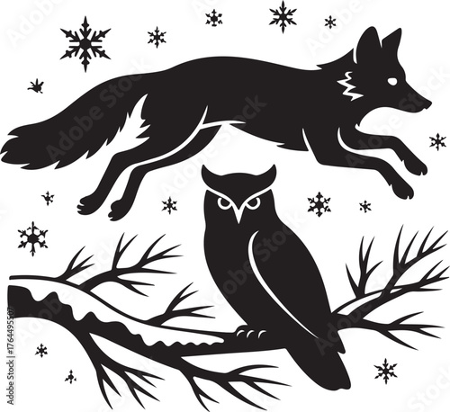 Collection of Winter Animals in Snow Deer, Fox, Rabbit, and Bear Silhouettes