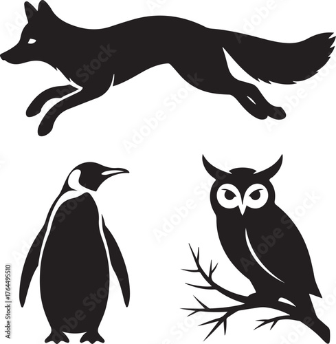Collection of Winter Animals in Snow Deer, Fox, Rabbit, and Bear Silhouettes