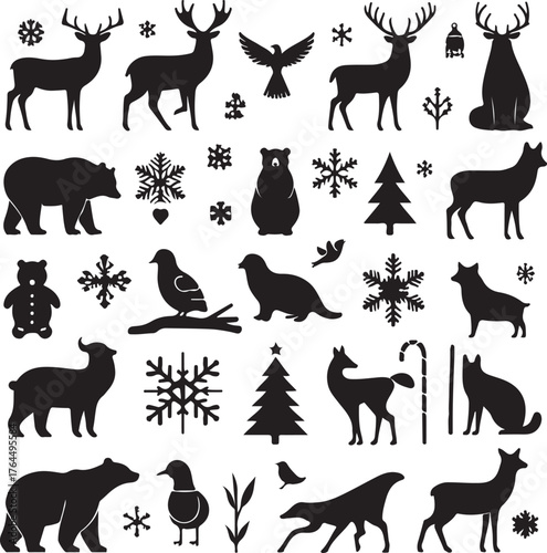 Collection of Winter Animals in Snow Deer, Fox, Rabbit, and Bear Silhouettes