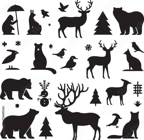Collection of Winter Animals in Snow Deer, Fox, Rabbit, and Bear Silhouettes